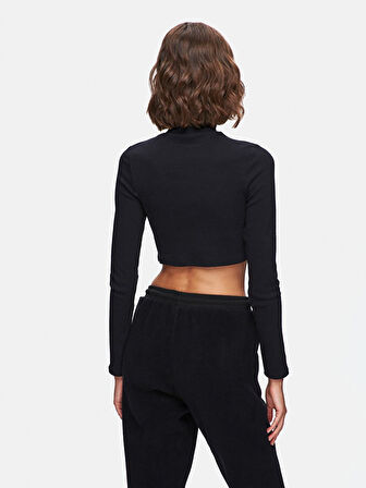 Ince Fitilli Dik Yaka Crop Siyah Sweatshırt