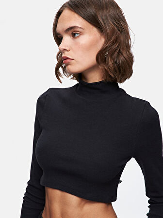 Ince Fitilli Dik Yaka Crop Siyah Sweatshırt