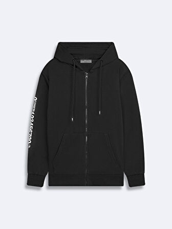 Kolu Baskılı Kapüşonlu Fermuarlı Siyah Sweatshırt