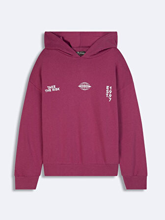 Sırtı Baskılı Kapüşonlu Fermuarsız Relaxed Fit Mor Sweatshırt