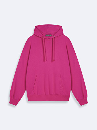 Sırtı Baskılı Kapüşonlu Fermuarsız Oversıze Fit Pembe Sweatshırt
