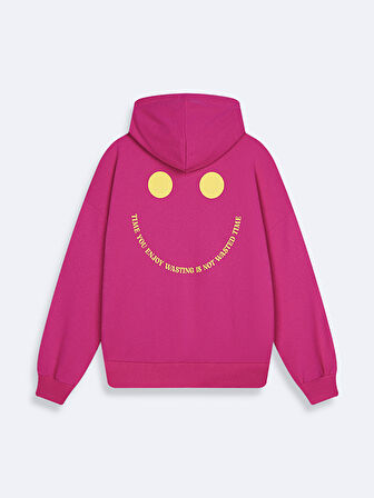 Sırtı Baskılı Kapüşonlu Fermuarsız Oversıze Fit Pembe Sweatshırt