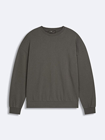 Sloganlı Sıfır Yaka Uzun Kollu Relaxed Fit Gri Sweatshırt