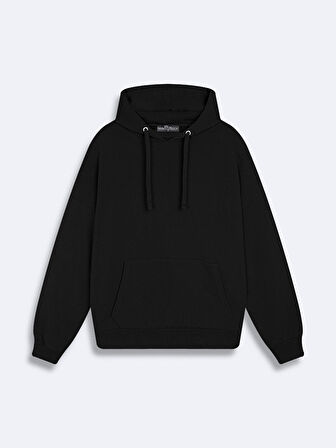 Sırtı Baskılı Kapüşonlu Fermuarsız Oversıze Fit Siyah Sweatshırt
