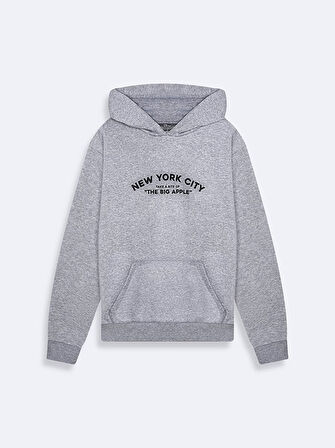 Sırtı Baskılı Kapüşonlu Fermuarsız Regular Fit Gri Sweatshırt