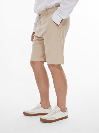 Keten Görünümlü Regular Midi Bej Şort