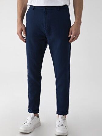 Keten Görünümlü Düz Paça Lacivert Pantolon