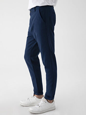 Keten Görünümlü Düz Paça Lacivert Pantolon