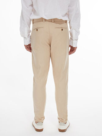 Keten Görünümlü Düz Paça Bej Pantolon