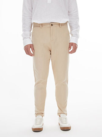 Keten Görünümlü Düz Paça Bej Pantolon