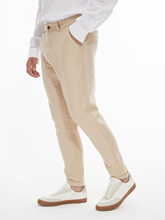 Keten Görünümlü Düz Paça Bej Pantolon