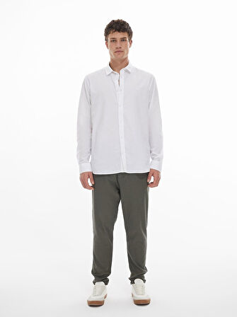 Keten Görünümlü Düz Paça Yeşil Pantolon