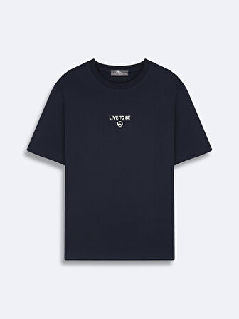 Kısa Kollu Slogan Baskılı Regular Lacivert T-shırt