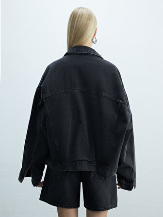 Celıa L Oversize Gömlek Yaka Koyu Gri Jean Ceket