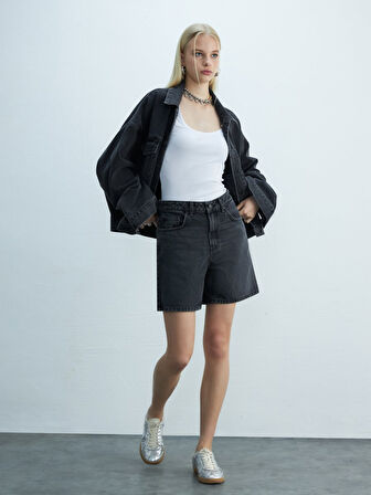 Celıa L Oversize Gömlek Yaka Koyu Gri Jean Ceket