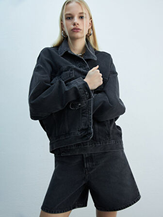 Celıa L Oversize Gömlek Yaka Koyu Gri Jean Ceket