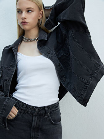 Celıa L Oversize Gömlek Yaka Koyu Gri Jean Ceket