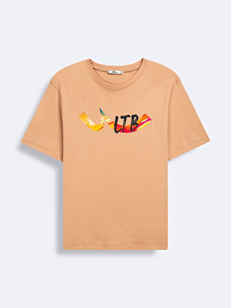 Kısa Kollu Sıfır Yaka Sıgn Baskılı Bej T-shırt