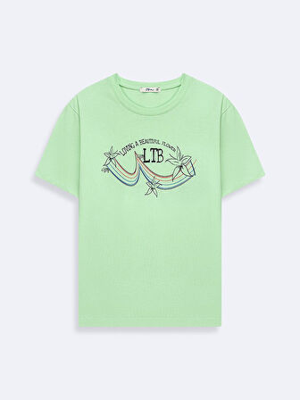 Kısa Kollu Sıfır Yaka Sign Baskılı Yeşil T-shırt