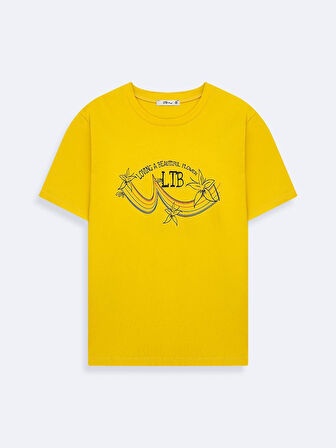 Kısa Kollu Sıfır Yaka Sign Baskılı Sarı T-shırt