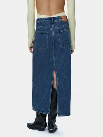 Danıca Skırt Uzun Boy Yırtmaçlı Mid Indigo Jean Etek