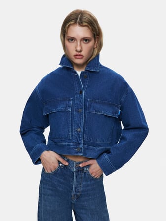 Skyla Önü Cepli Crop Koyu Mavi Jean Ceket