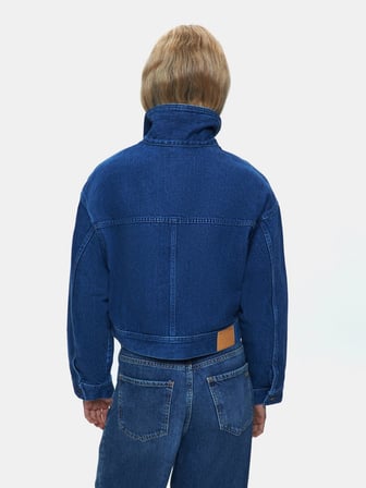 Skyla Önü Cepli Crop Koyu Mavi Jean Ceket