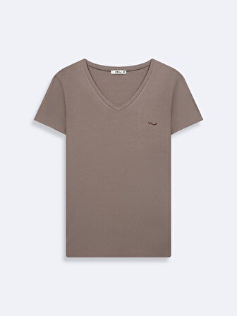 Kısa Kollu V Yaka Sign Baskılı Gri t-shirt