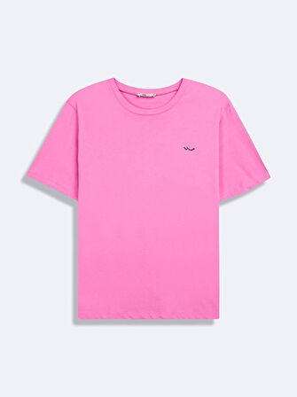 Kısa Kollu Sıfır Yaka Desenli Basıc Pembe T-shırt