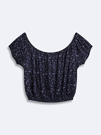 Çiçekli Crop Kısa Kollu Lacivert Bluz