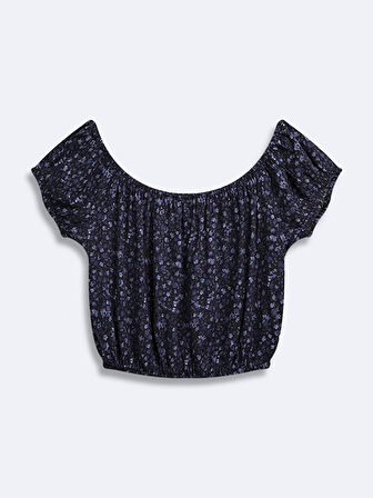 Çiçekli Crop Kısa Kollu Lacivert Bluz