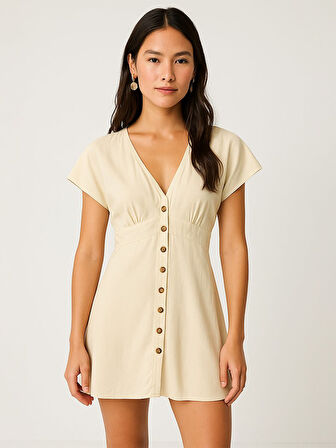 Basic Önü Düğmeli V Yaka Bej Elbise