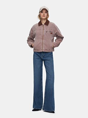 Uzun Kollu Fermuarlı Kadife Yakalı Pembe Ceket