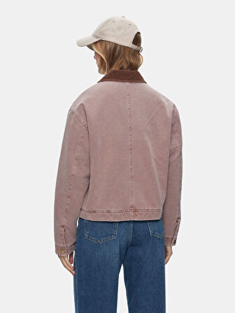 Uzun Kollu Fermuarlı Kadife Yakalı Pembe Ceket