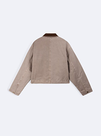 Uzun Kollu Fermuarlı Kadife Yakalı Pembe Ceket