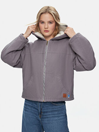 Uzun Kollu Kapüşonlu Peluş Astarlı Mor Ceket