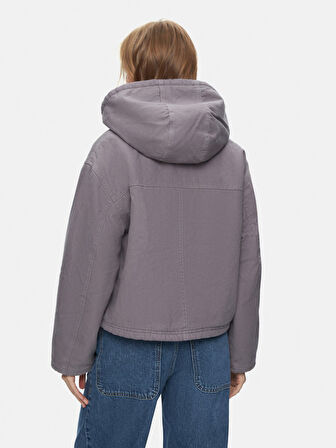 Uzun Kollu Kapüşonlu Peluş Astarlı Mor Ceket