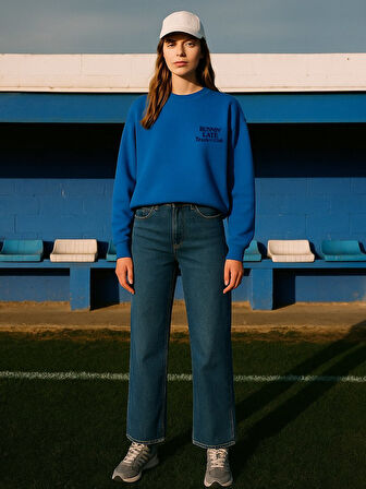 Uzun Kollu Sıfır Yaka Slogan Baskılı Mavi Sweatshırt