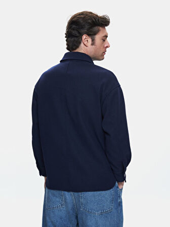 Uzun Kollu Önü Düğmeli Lacivert Ceket