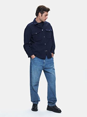 Uzun Kollu Önü Düğmeli Lacivert Ceket