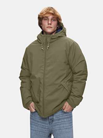 Kapüşonlu Fermuarlı Rüzgarlık Yeşil Mont