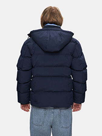 Uzun Kollu Kapüşonlu Şişme Lacivert Mont