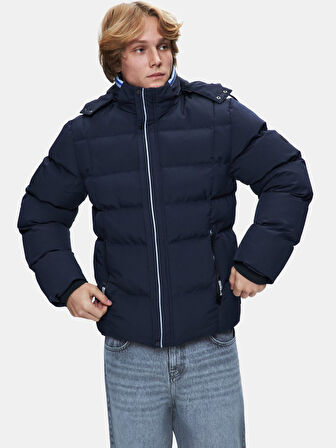 Uzun Kollu Kapüşonlu Şişme Lacivert Mont