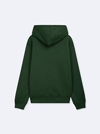 Uzun Kollu Kapüşonlu Slogan Baskılı Yeşil Sweatshırt