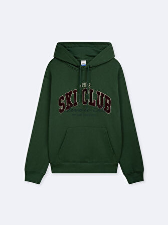 Uzun Kollu Kapüşonlu Slogan Baskılı Yeşil Sweatshırt