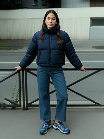 Şişme Önü Fermuarlı Kısa Lacivert Mont