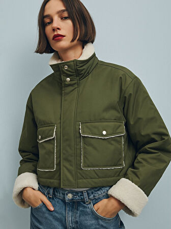 Kürk Detaylı Önü Cepli Yeşil Mont