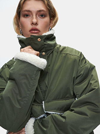 Kürk Detaylı Önü Cepli Yeşil Mont