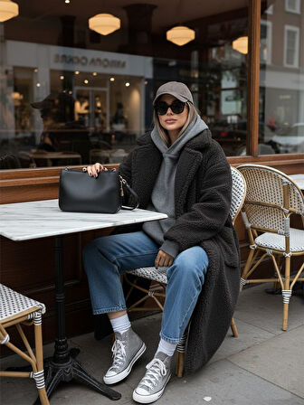 Oversize Önü Düğmeli Peluş Antrasit Mont