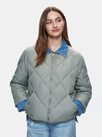 Oversize Kapitone Gömlek Yaka Yeşil Ceket